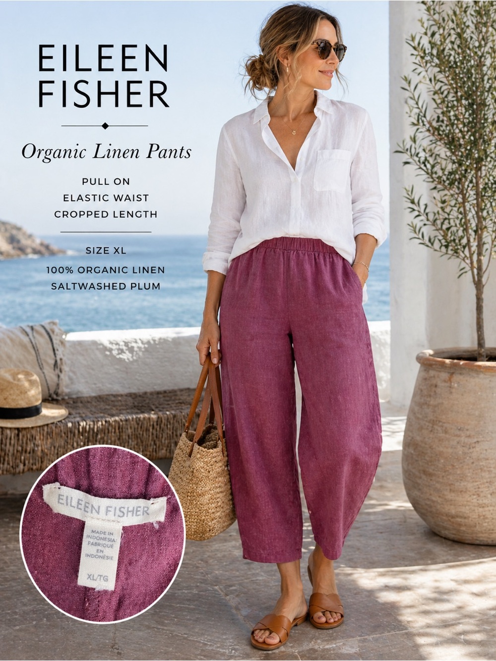 Eileen Fisher Organic Linen Pants XL Elastic Waist Cropped Pink Saltwashed Berry